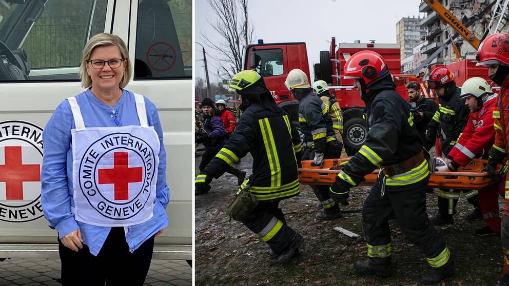 Delad bild, på ena sidan står en kvinna framför en vit bil, på andra sidan räddningsarbetare i staden Dnipro.