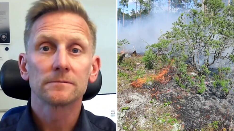 Man i kontorsstol, brand utomhus.