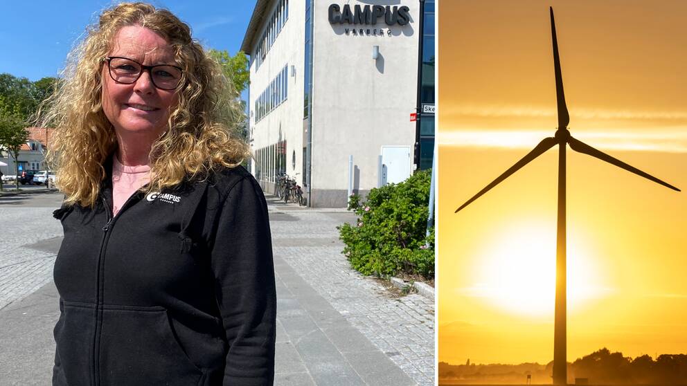 Martina Bengtsson, biträdande rektor Campus Varberg. T.h. Vindkraftverk i solnedgång