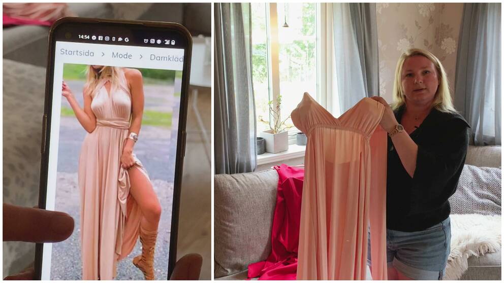 Kvinna som håller i klänning, mobil med originalbild på klänningen.