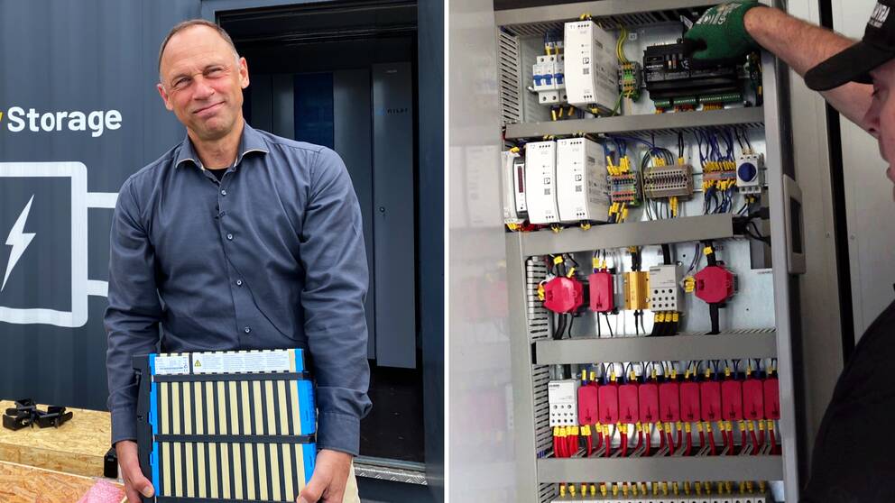 Geert Schaap, chef för teknik och innovation på Svelandstrafiken, står och håller i ett stort batteri.