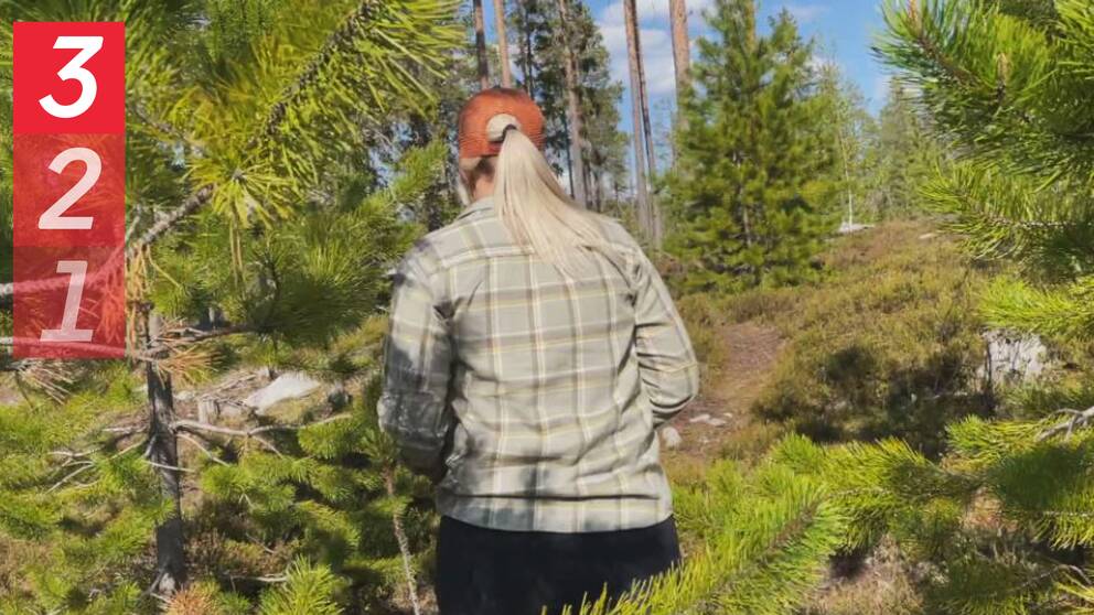 En bild på en kvinnas rygg när hon går i skogen.