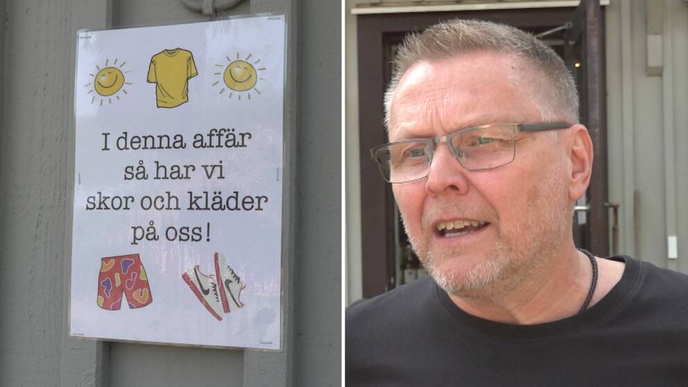 Till vänster: Skylt med orden ”I denna affär så har vi skor och kläder på oss”. Till höger: Butiksägaren Pär Renevall.