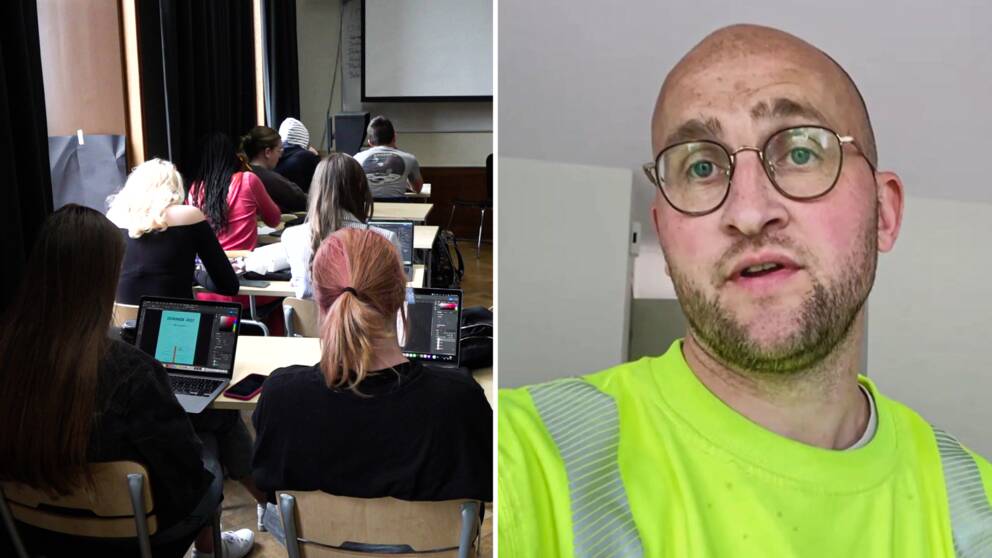 Elever i klassrum som tittar på sina skärmar, ung flintskallig man med skäggstubb och glasögon.