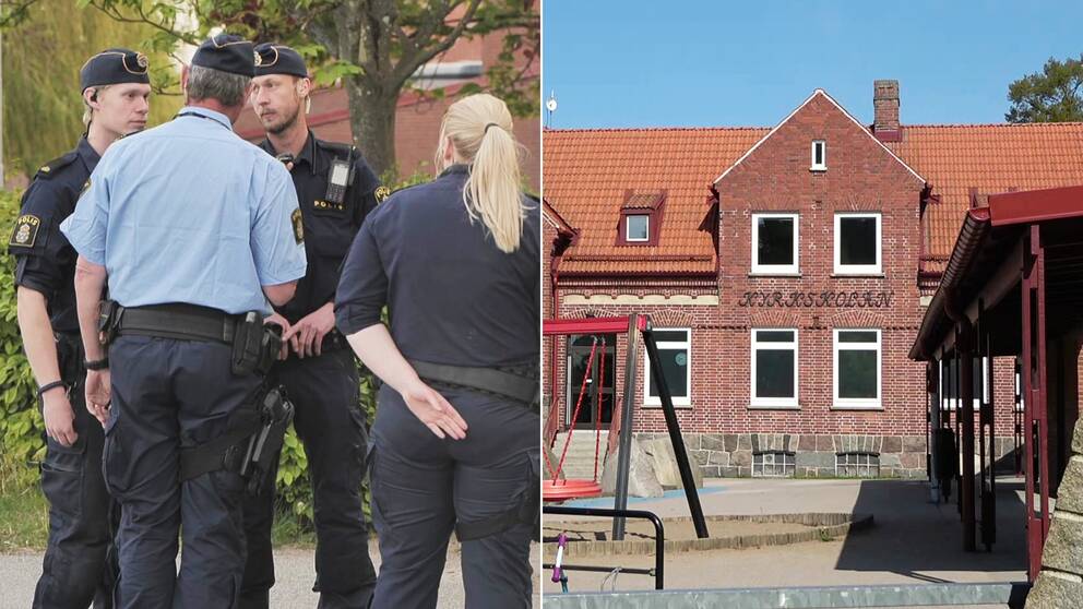 Polisen står framför Kyrkskolani  Svedala efter dödsolyckan då en tioårig flicka föll från gymnastikskolans tak.
