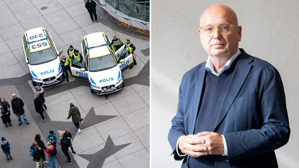 Poliser och två polisbilar, samt människor som rör sig på gatan. Till höger en bild på terrorexperten Magnus Ranstorp.