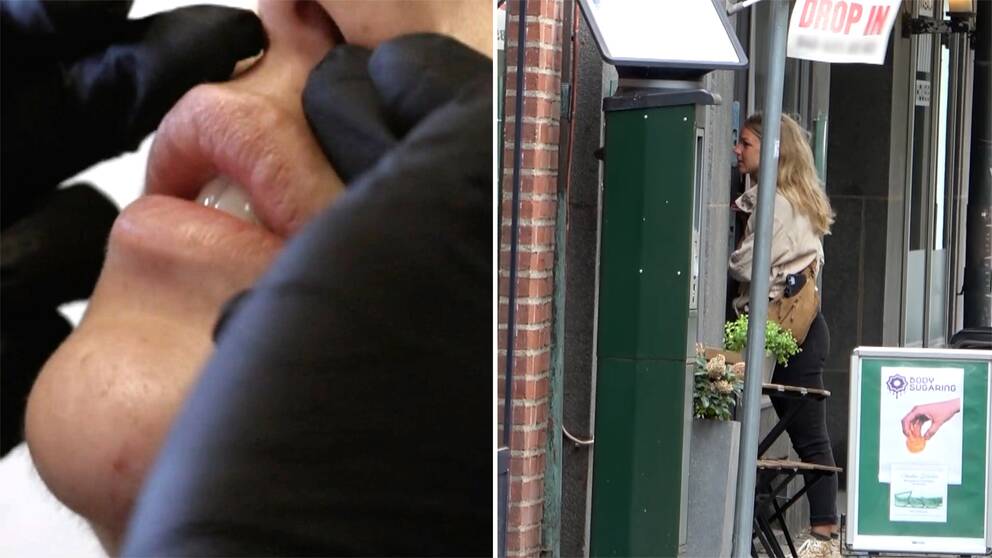 En genrebild av en närbild av en mun och SVT:s reporter Natalie Medic utanför den skönhetssalong som inte har tillstånd att utföra injektioner med bland annat botox.