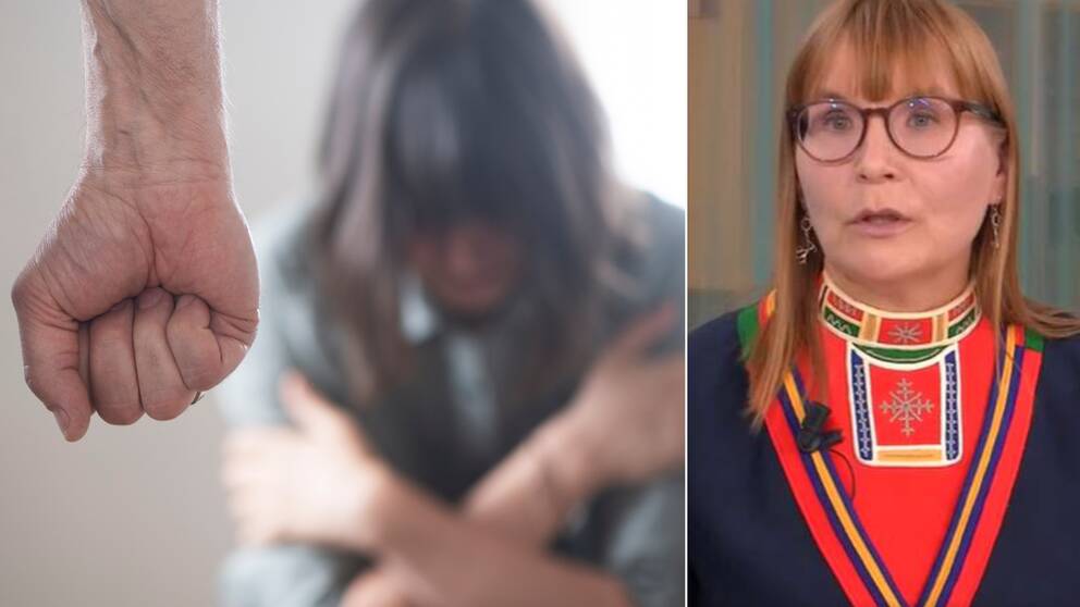 til vänster utsatt kvinna och man med knuten näve; till höger forskarenAstrid M A Eriksen