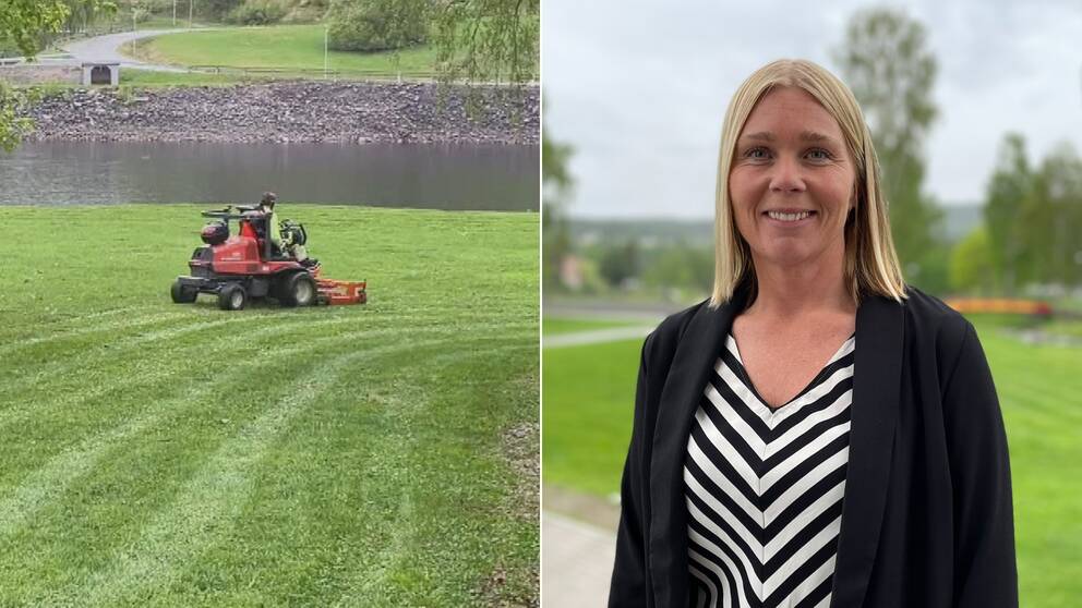 Kollage: Till vänster en gräsklippare på gräsmatta. Till höger Sandra Sahlberg, arbetsmarknadschef vid Sollefteå kommun. Hon har axellångt ljust hår, svartvit-randig tröja och svart kavaj.