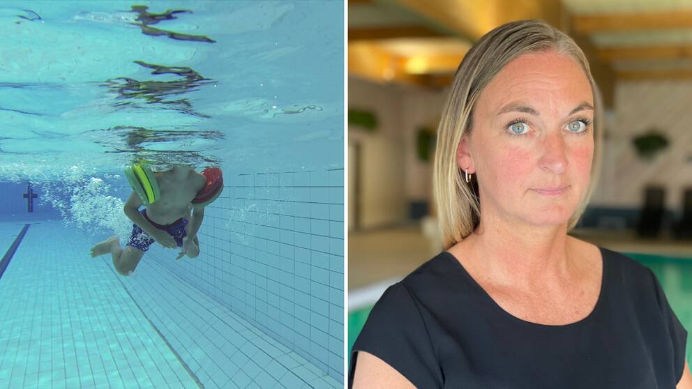 En tvådelad bild. Till vänster en undervattensbild på ett barn som simmar, till höger en porträttbild på Veronika Wintvik.