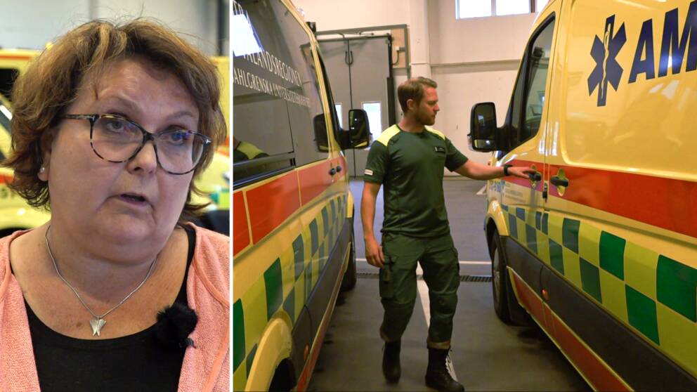 Elisabet Hammar, verksamhetschef på SU Ambulans. Äldre kvinna med glasögon och brunt hår. Till höger en man som öppnar dörren till en ambulans.