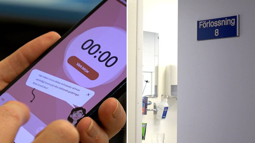 Tvådelad bild: På en mobiltelefonskärm syns en app som ska hjälpa kvinnor att förbereda sig för en förlossning samten halvt öppen dörr till förlossningen på ett sjukhus.