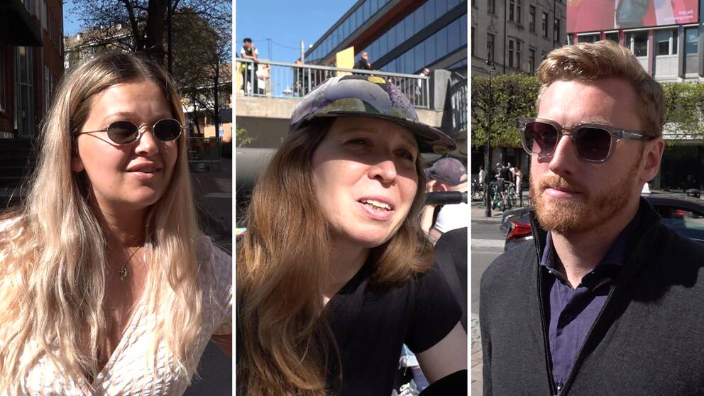 Två kvinnor en en man i solig stadsmiljö i Stockholm pratar om jobb i Norrland och Jämtland.