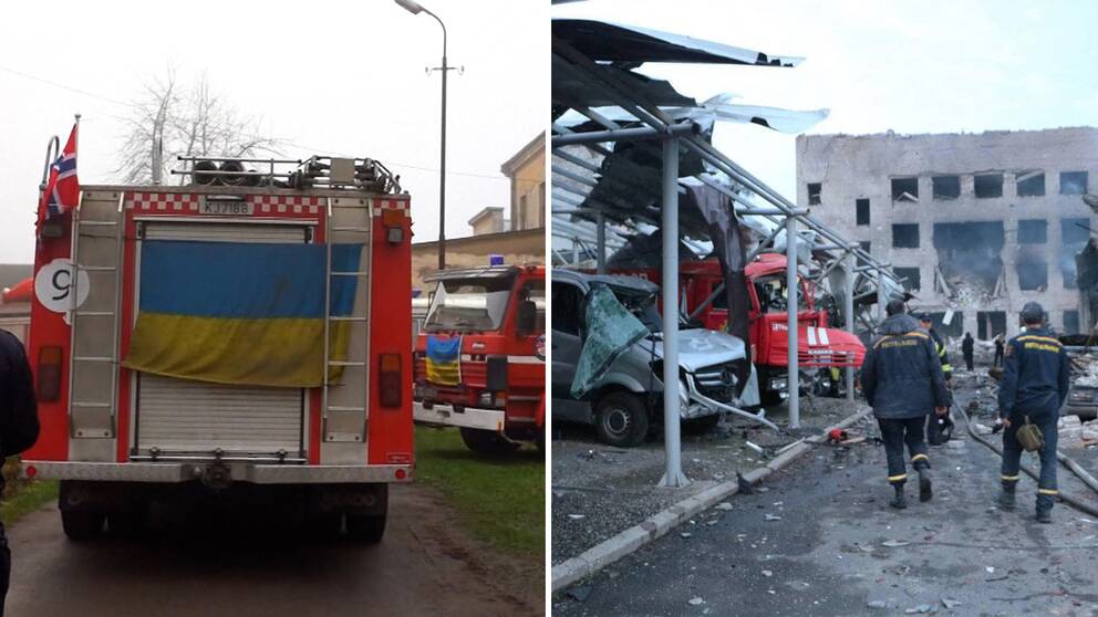 Brandbil med norsk och ukrainsk flagga. Sönderbombad brandstation med trasiga fordon.