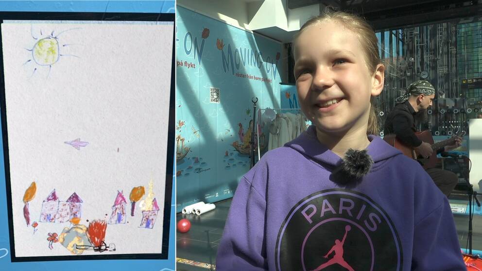 Tvådelad bild: En teckning gjord av ett barn med hus, en sol och ett stridsflygplan som flyger samt Viktoria Skyrdova, ett av barnen som är med i utställningen Moving on.