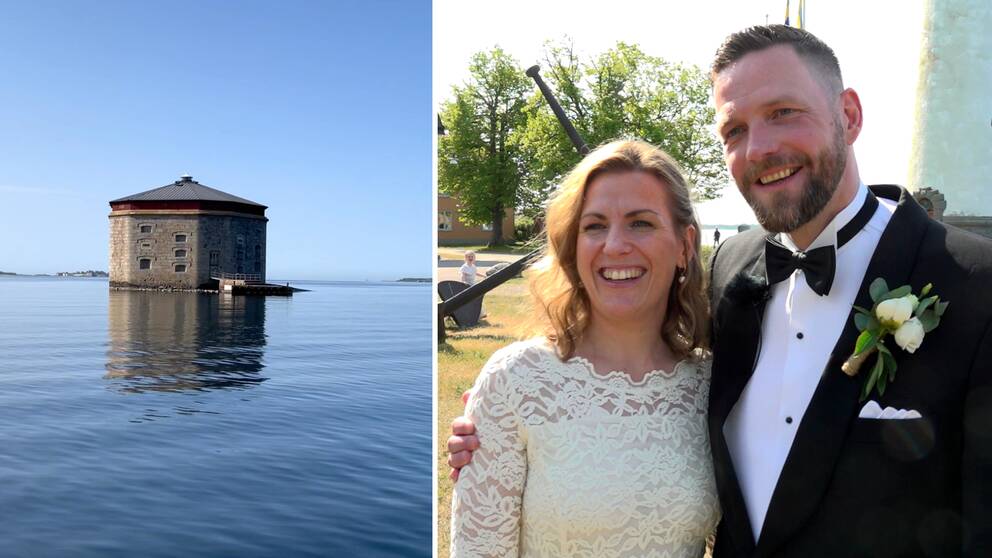Tvådelad bild: Fästningstornet Godnatt iutanför Karlskrona och paret Malin Durdel och Lars Mårtensson i bröllopskläder efter att de precis gift sig.