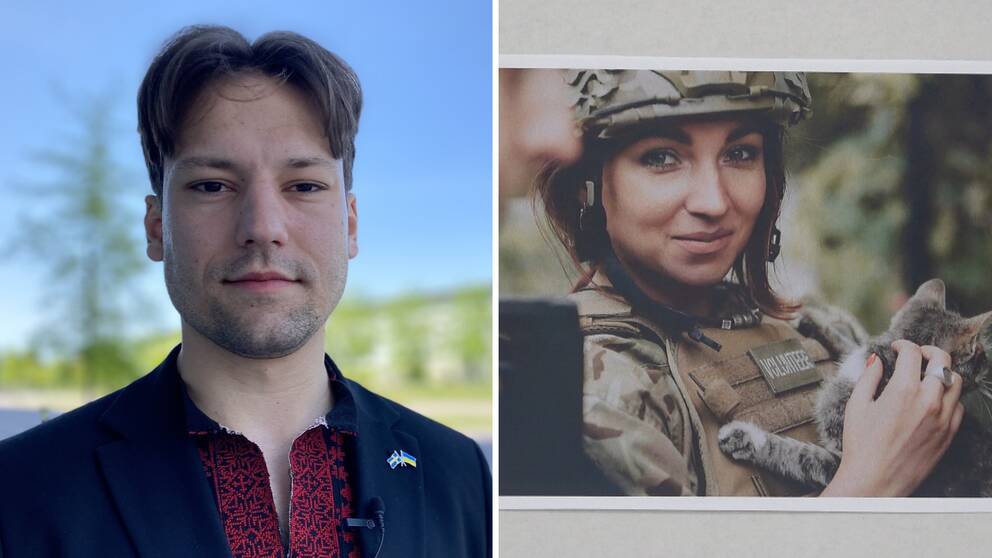 Tvådelad bild: Pavló Melnyk, ordförande i Ukrainska föreningen Östergötland och en bild från en utställning om kriget i Ukraina.
