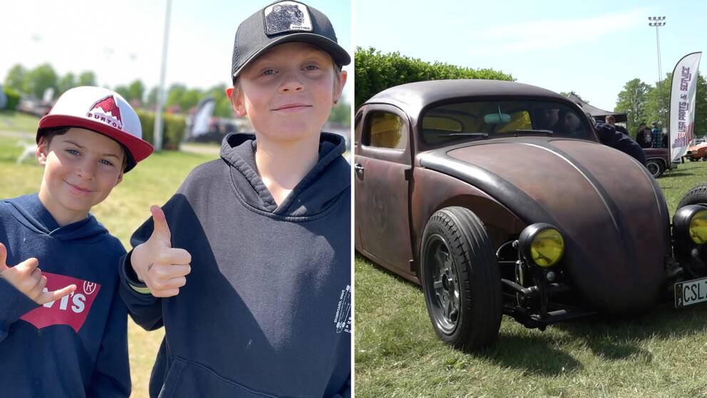 Elva-åriga Elton Rönning och Vincent Bornecrantz besökte Sola springmeet. till höger en bil de tyckte om.
