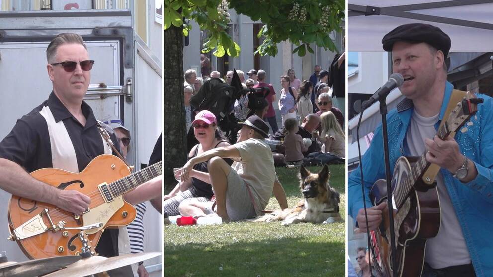 På bilden syns två olika bluesmusiker som spelar och folk som sitter i Kykrparken i Mönsterås och lyssnar på musiken.