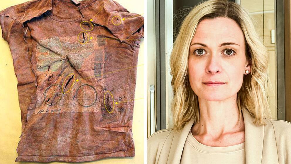 Till vänster: En blodig tröja med flera hål från en kniv. Till vänster: Malin Axelsson, åklagare vid åklagarkammaren i Linköping.