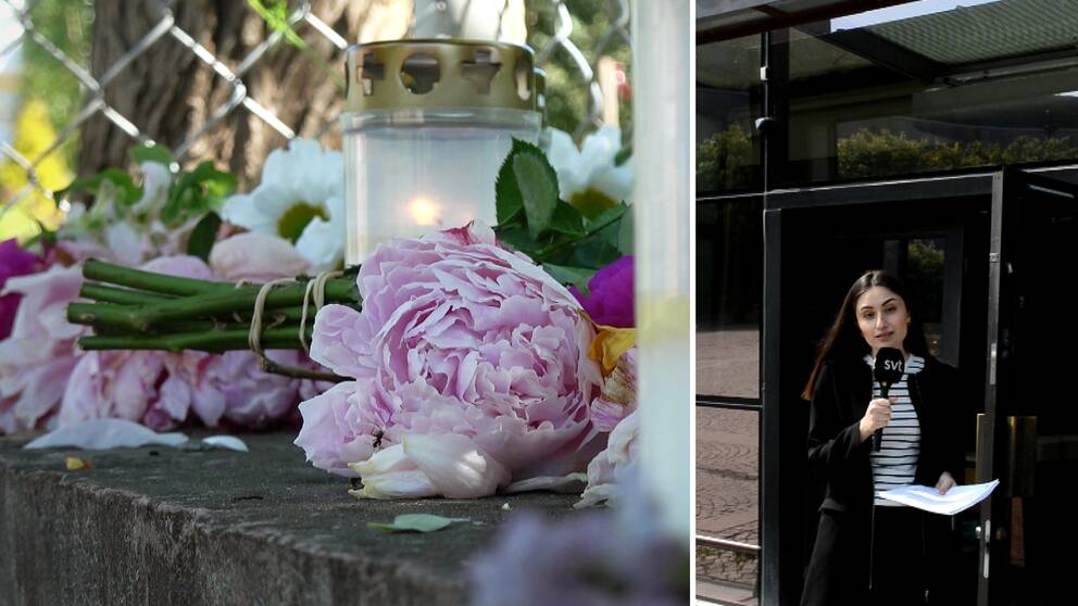 närbild på blommor och gravljus som hedrar förskolebarnet som drunknat, samt en bild på ung kvinnlig reporter med mikrofon utanför tingsrätten