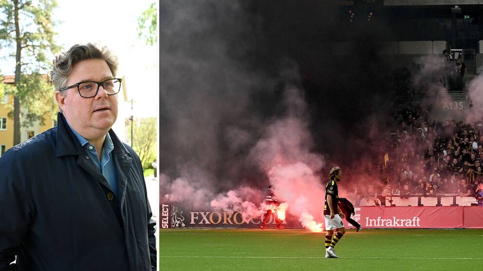 Gunnar Strömmer och scener från derbyt, där bengaler kastades in på fotbollsplanen