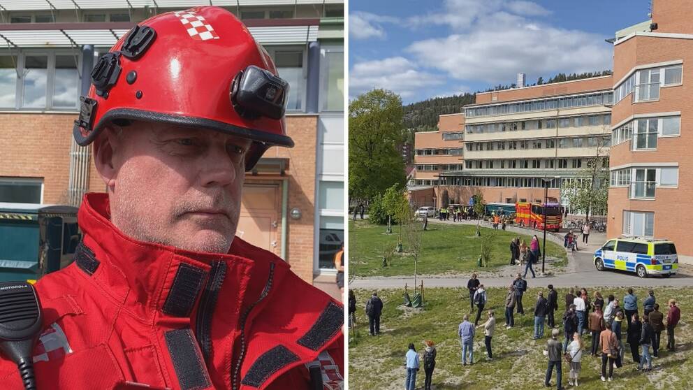 Bilden är ett montage. Till vänster syns insatsledaren Tommy Lindgren, han har räddningstjänstens kläder på sig som är röda. Han har en röd hjälm. Till höger syns utsidan av kontorsbyggnaden som evakuerats. Polisbilar och räddningstjänstens fordon syns på bilden.