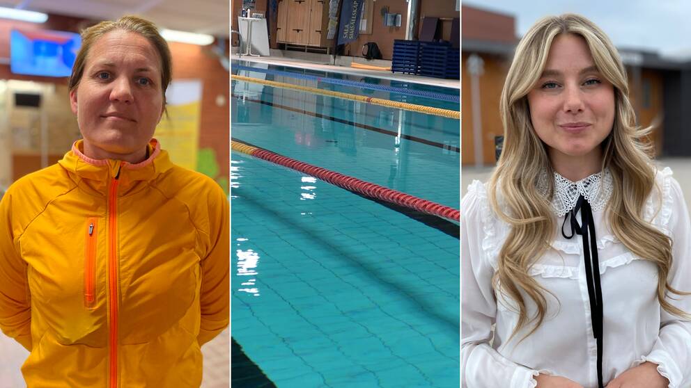 Bildkollage med två personer och simbassäng i mitten.
