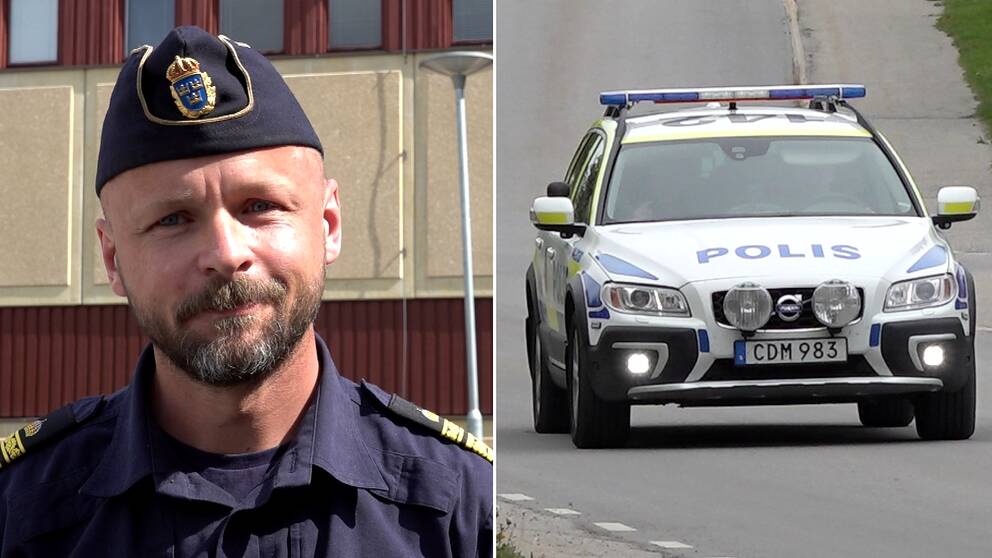 Bild på lokalpolisområdeschef August Knutsson till vänster, iklädd poliskläder. Bild på polisbil till höger.