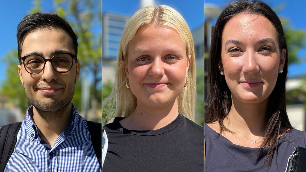 Porträttbild på tre unga personer som svarar på frågor om telefonskräck vid MDU i Västerås.