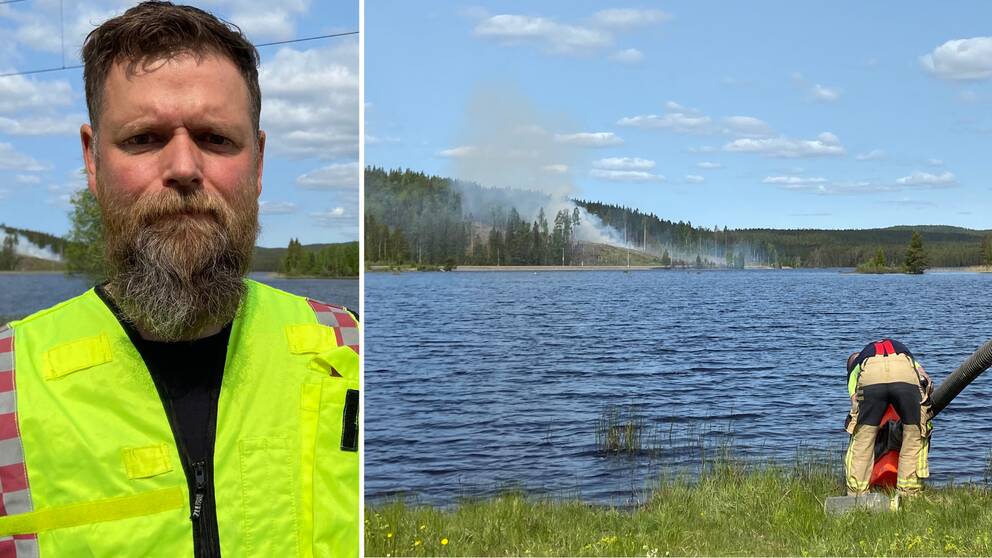 Delad bild. Till vänster: En man från räddningstjänsten, insatsledaren Kristoffer Rodén. Till höger syns rök i en skog.