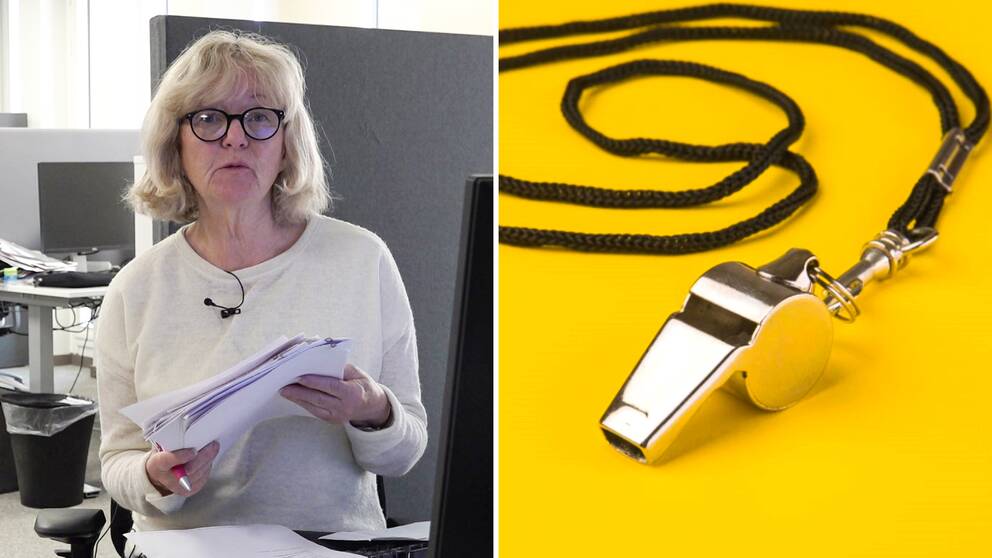 En tvådelad bild. Till vänster SVTs reporter Inger Karlsson, till höger en visselpipa som ligger på ett gult underlag.