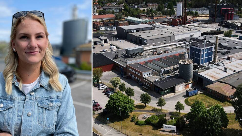Porträttbild på Caroline Weiland. Drönarbild ovanför fabriken Elitfönster i Vetlanda.
