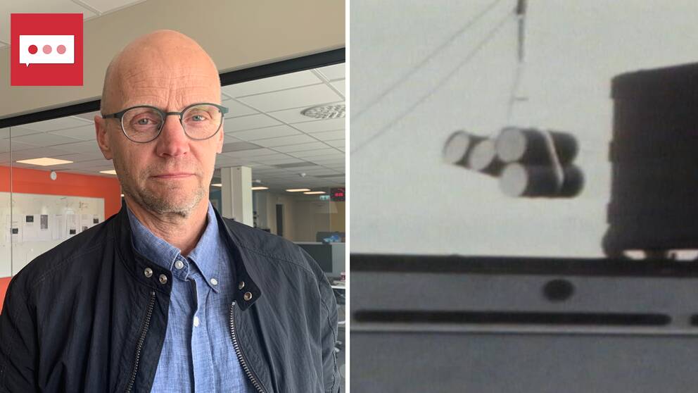 Bilden är ett montage. Till vänster är reportern Fredrik Israelsson, han står inomhus och har jacka samt glasögon på sig. Han tittar in i kameran. Till höger syns en arkivbild med tunnor som ska släppas i vattnet.