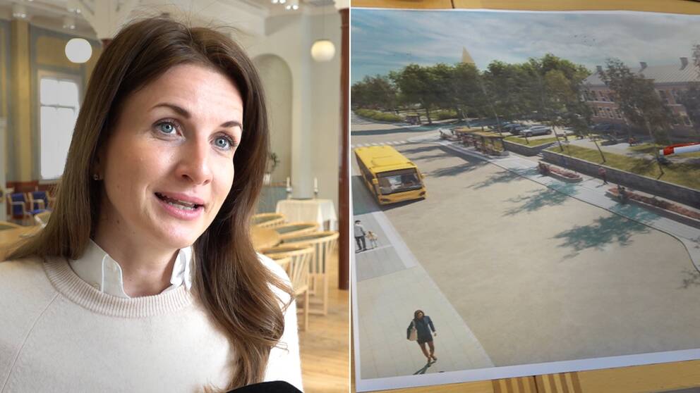 Effie Kourlos (C) kommunalråd, en kvinna i brunt hår intervjuas av SVT.