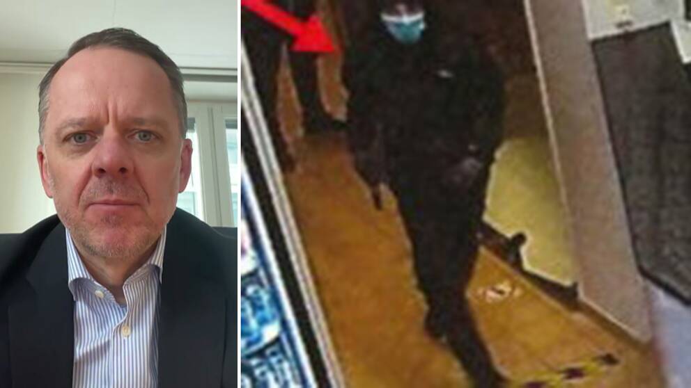 Åklagare Daniel Sunesson berättar om hovrättens dom mot tonåringen. Till höger i bild övervakningsfoto på den maskerade mördaren inne på gymmet i centrala Stockholm.