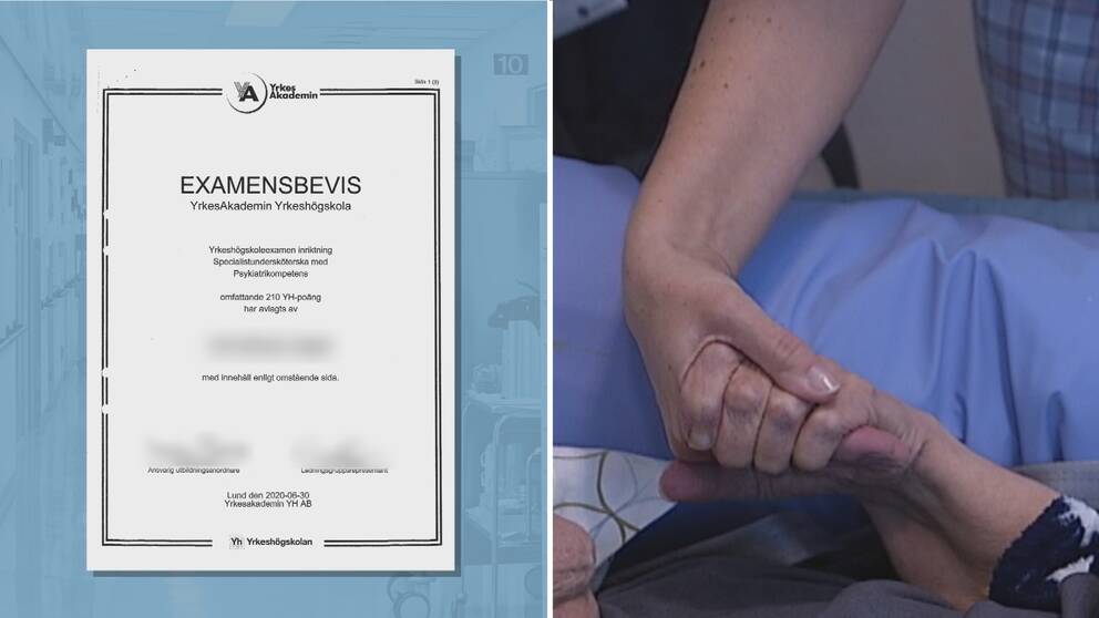 Falskt examensbevis. Person håller äldre person i handen.