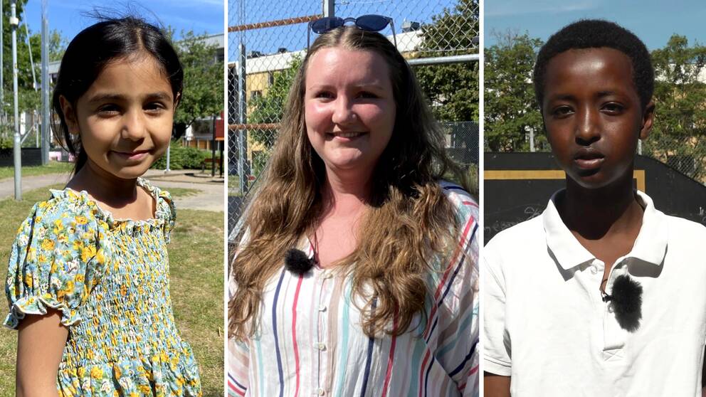 Mayar Ahmed, Zandra Nordström och Abdullahi Mohammed vid Zlatan court i Rosengård i Malmö.