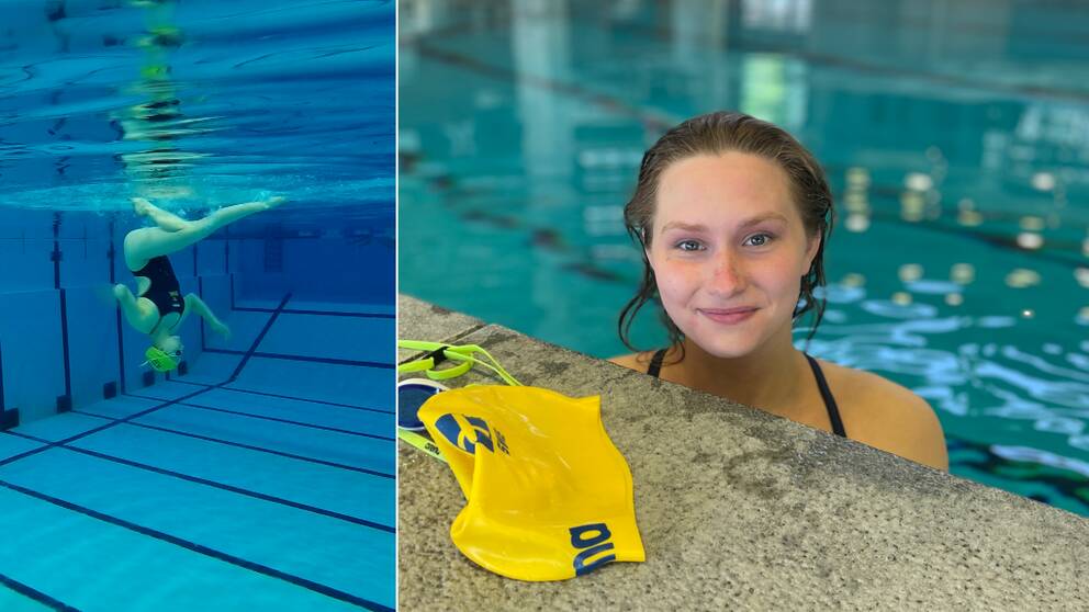 Tvådelad bild: Marfa Chragina, en 19-årig tjej i poolen medan hon utövar konstsim, samt med huvudet ovanför vattenytan vid poolkanten.