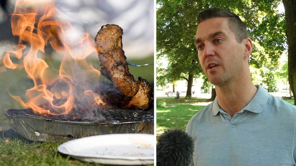 Splitbild på en engångsgrill och en man som blir intervjuad.