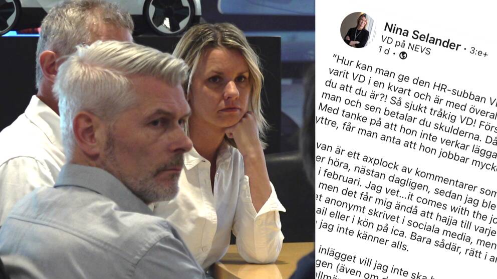 Tre personer med ljuda skjortor till vänster, varav en är Nina Selander, vd för Nevs. Till höger ett inlägg med text på sociala medier.
