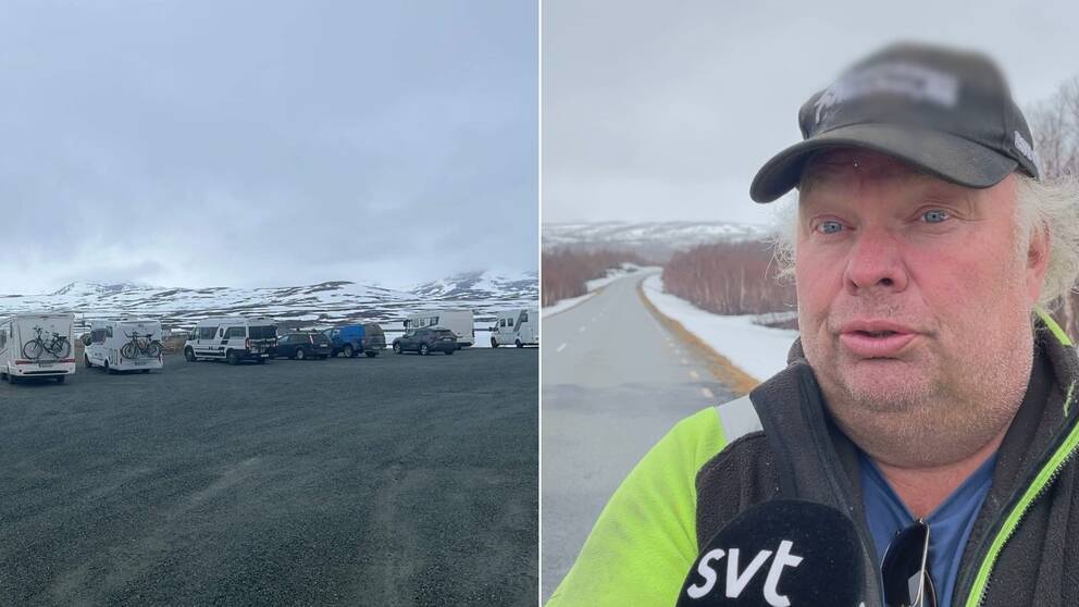 Delad bild, på väg med husbilar och man i keps