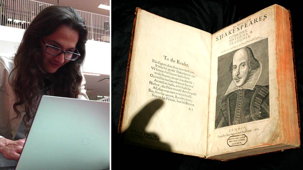 Tvådelad bild: Shukri Birol Mehmed, student på Mälardalens universitet sitter framför en laptop och en gammal utgåva av Shakespeares bok Comedies, histories & tragedies.