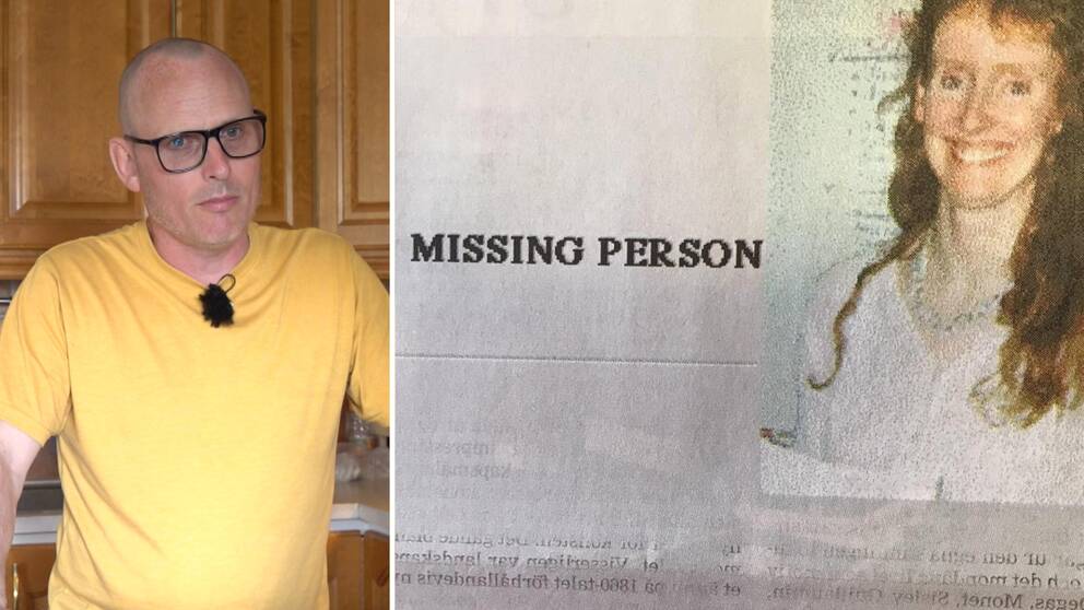 Bilden är ett montage. Till vänster syns Reidar Hagner, han står inomhus och har en gul t-shirt på sig. Han har glasögon och tittar inte in i kameran. TIll höger är en bild som FBI tagit, där står det ”Missing Person” tillsammans med en bild på Ylva Hagner.