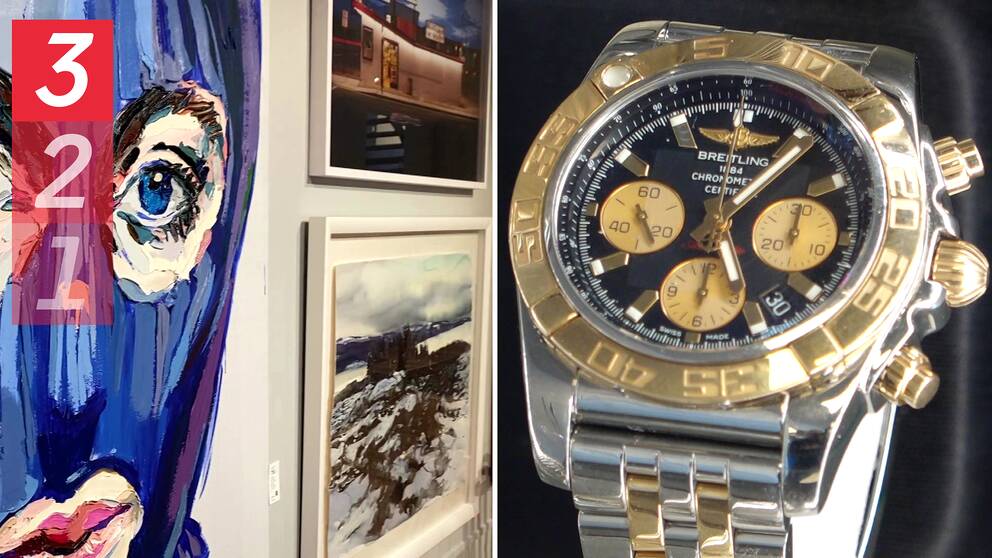 Tvådelad bild: Tavlor på en vägg och ett armbandsur med gulddetaljer från en lyxtillverkare.