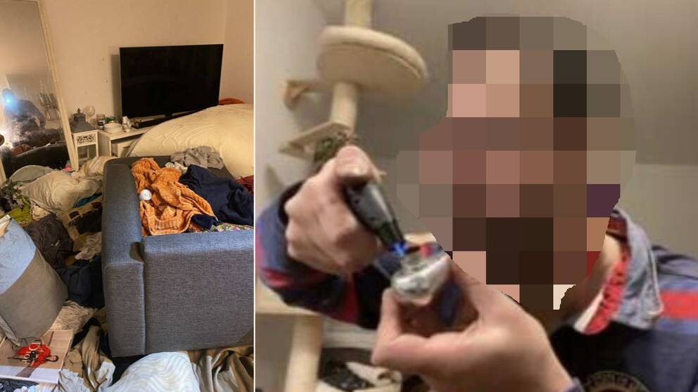 Stökigt vardagsrum till vänster. Till höger en man med blurrat ansikte som röker heroin.