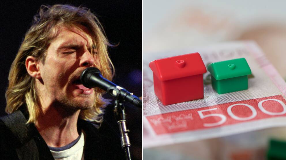Sångaren i grunge-bandet Nirvana plus bild med Monopol-hus och sedel.