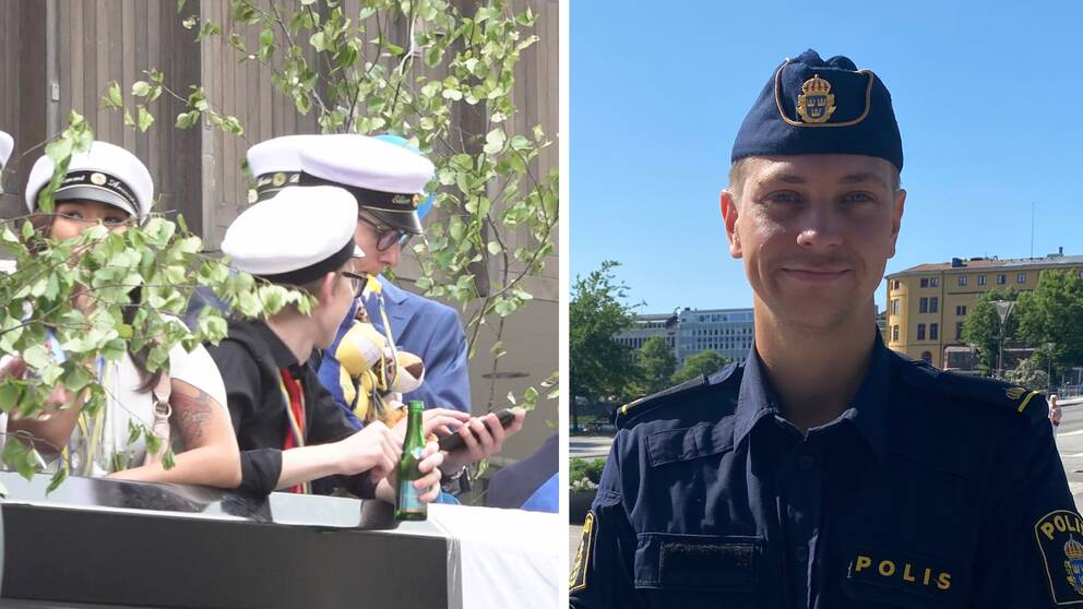 Studenter på ett flak samt kommunpolisen Fredric Palmqvist i uniform som tittar in i kameran.