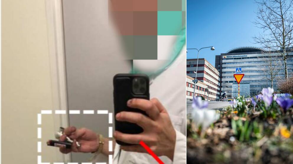 Kirurg med blurrat ansikte iklädd kirurgkläder håller i en pipa avsedd för att röka heroin. Till höger: Lunds universitetssjukhus.