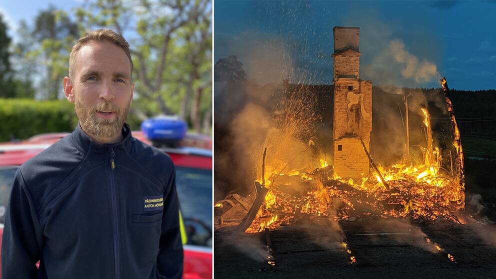 Räddningsledare Hörnqvist bredvid en bild av hus som har brunnit ner.